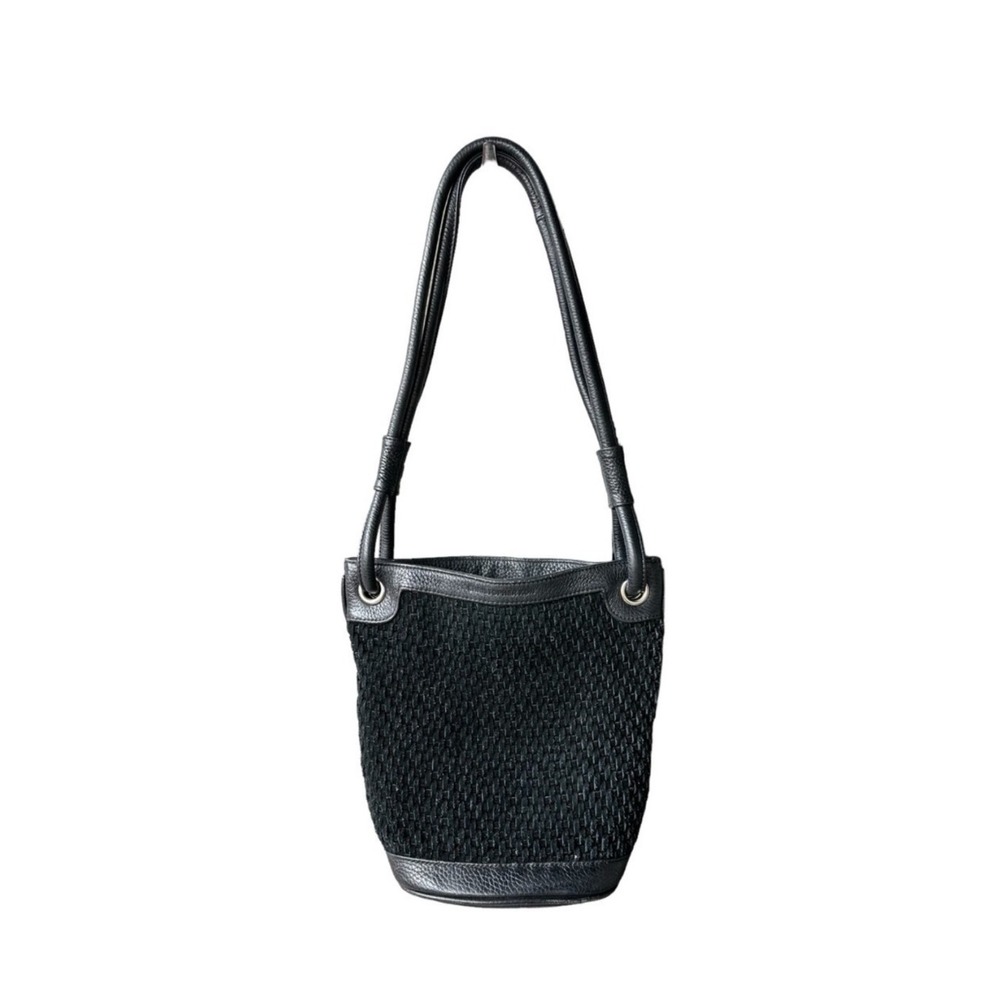 Christopher Kon Purse Black Leather Bucket Shoulder Bag Woven Suede Pebbled